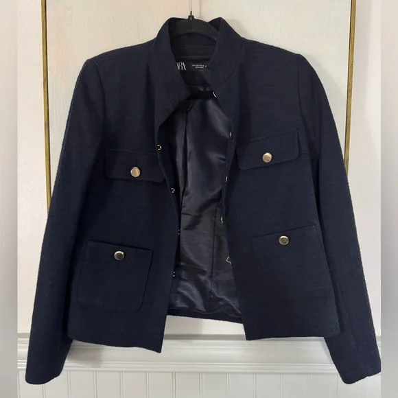 ZARA Textured High Collar Blazer Navy Blue Size M - Picture 4 of 8